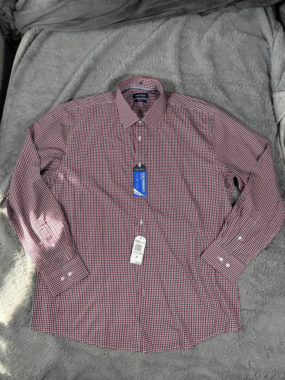 Nautica Dress Shirt Mens XL 17.5 34/35 Red Check Slim Fit Woven LS Business